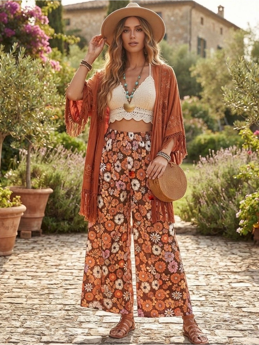 ROMWE Rust Floral Wide-Leg Boho Pants